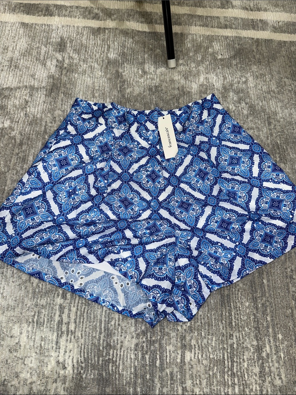 Francesca's Collections Blue and White Tile-Print Shorts